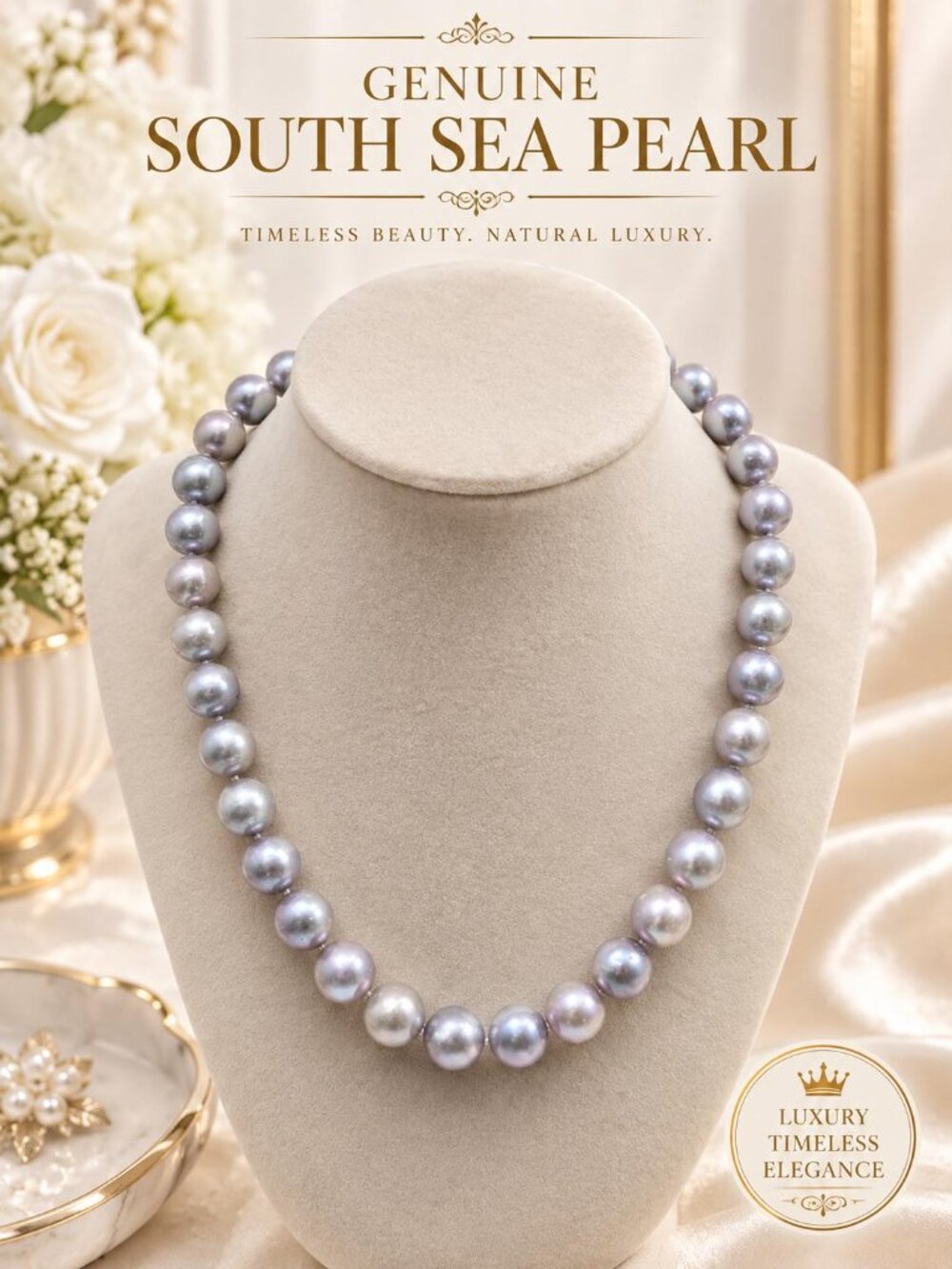 South Sea Pearl Necklace 12-13mm Silver Gray Lavender Pearls From Philippines